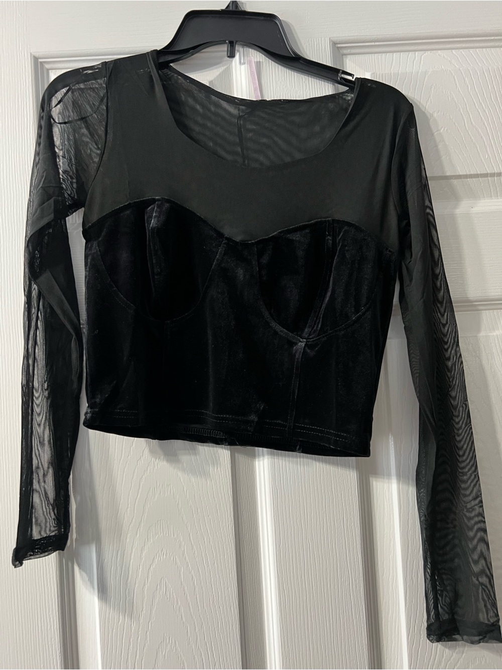 Black Velvet & Mesh Long-Sleeve Crop Top